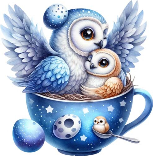 Colourful blue mom baby owl - mom,